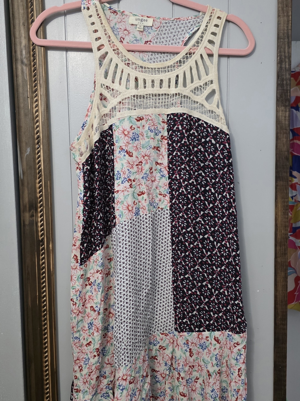 Umgee Cream Crochet Yoke Patchwork Floral Panel Dress